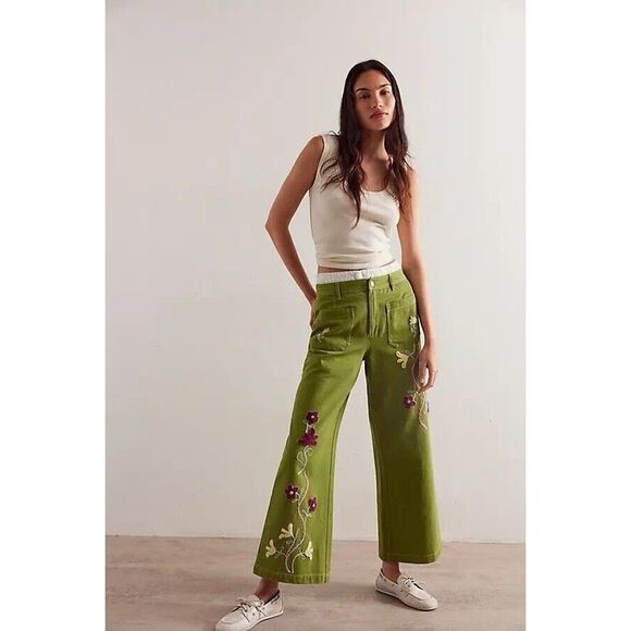 We The Free Denim - New We The Free Wide Leg Army Green Winter Bloom Embroidered Floral Jeans Sz 24